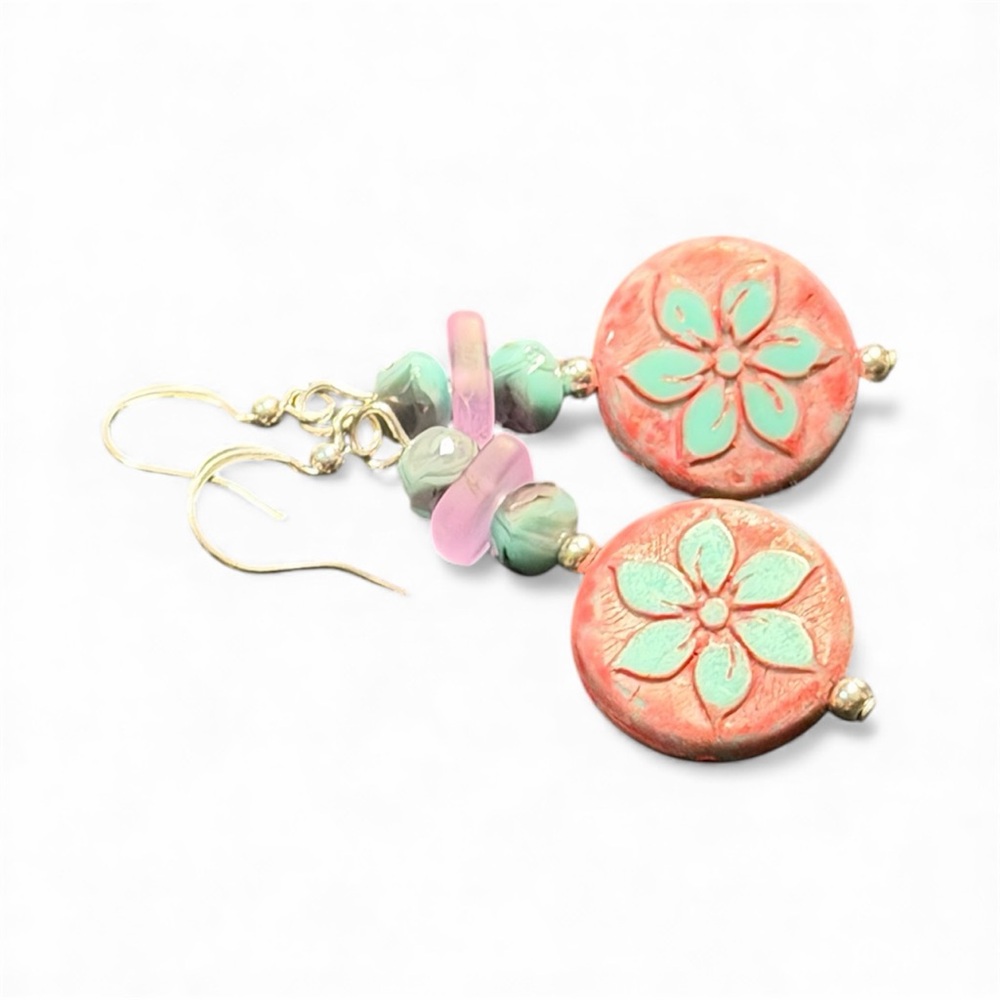 Handcrafted Floral Pink and Turquoise Czech Glass Earrings - Picture 11 of 16